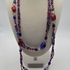 Long Red, White And Blue Glass Beaded Necklace